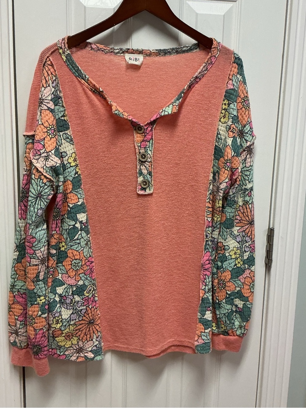 BiBi waffle knit thermal Henley top featuring a contrast floral patchwork 2X 3X